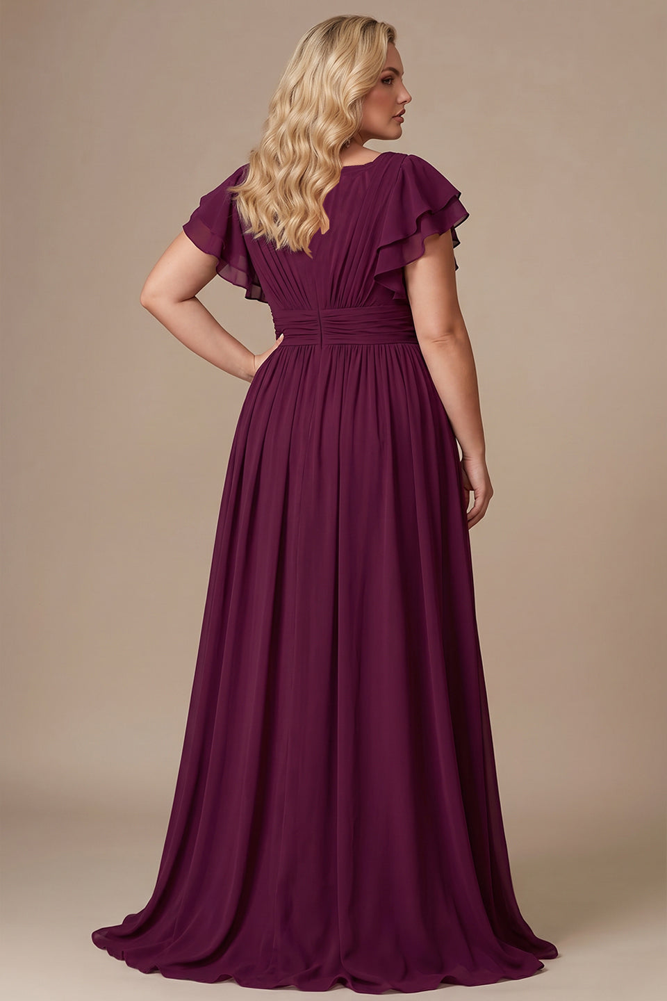 Curveins Plus Size V-Neck Ruffle Sleeve Split A-Line Maxi Dress