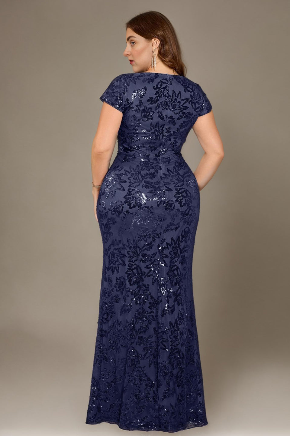 Curveins Plus Size V Neck Ruched Cross Front Sequin Mermaid Bodycon Maxi Dress