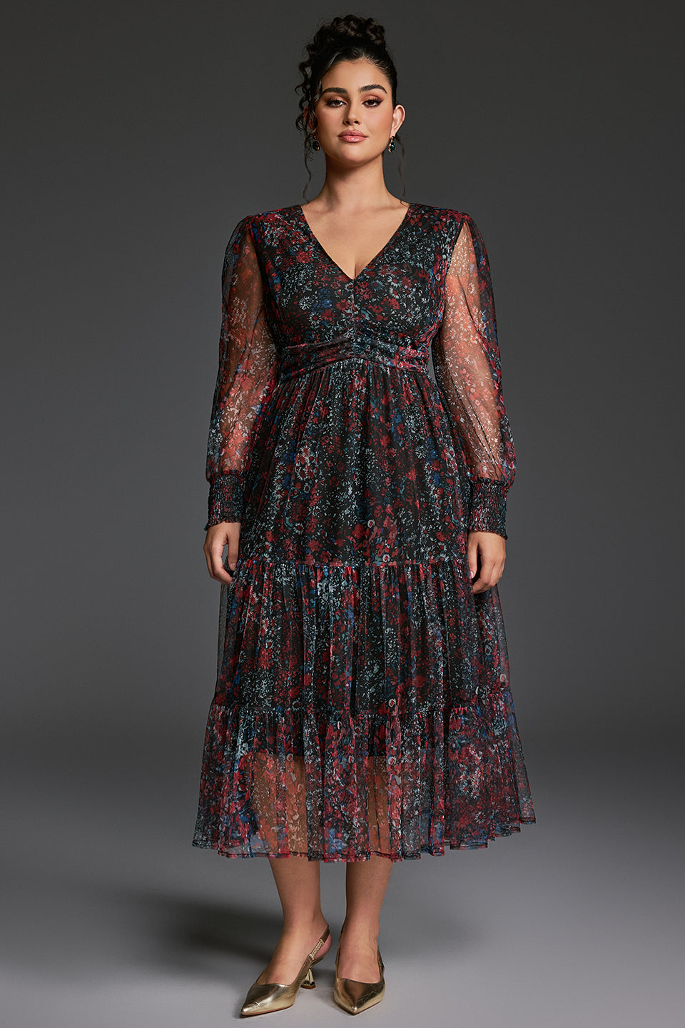 Curveins Plus Size V-Neck Floral Asymmetrical Hem Midi Dress