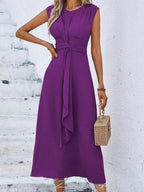 Women's Sleeveless Round Neck Plain Dress, Slimming Front Design, Waist Cinched A-Line, Perfect for Casual Commuting