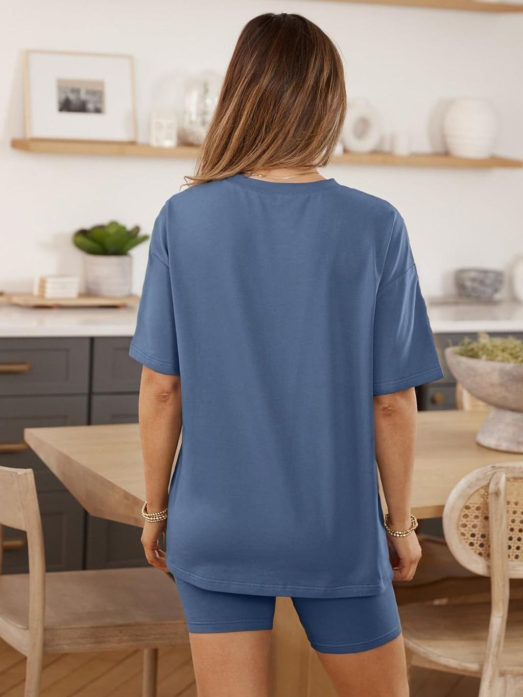 Women's Solid Color T-Shirt and Tight Shorts Set, Casual Summer Comfort Round Neck Sleepwear, Pocket Design, Outdoor Wear
