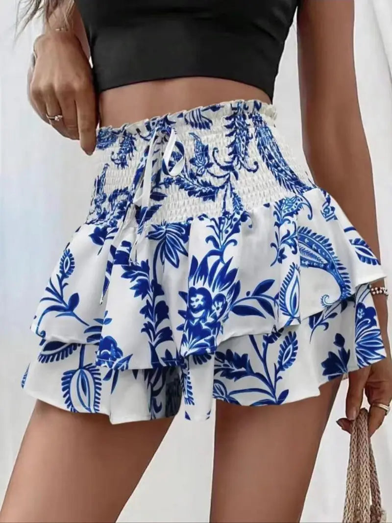 Women's Floral Print Woven Fabric Frill Trim Shirred Tiered Layer Shorts, Casual Lightweight Loose High Waist Tie Front Drawstring Wide Leg Shorts for Spring & Fall, Women's Bottoms for Daily Wear, 1 Piece Womenswear