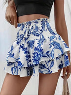 Women's Floral Print Woven Fabric Frill Trim Shirred Tiered Layer Shorts, Casual Lightweight Loose High Waist Tie Front Drawstring Wide Leg Shorts for Spring & Fall, Women's Bottoms for Daily Wear, 1 Piece Womenswear