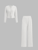 Women's Fall Winter Casual Slim-Fit Long Sleeve Round Neck Top & Pants Set, Plain Pattern Moderate Fabric, Two-Piece