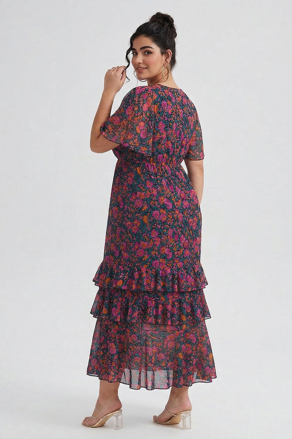 Curveins Plus Size V-Neck Batwing Sleeve Printed Maxi Dress with Ruched Detail