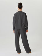 Women's Casual Solid Color Loose Long Sleeve Top & Exposed Stitches Trousers Co-ord