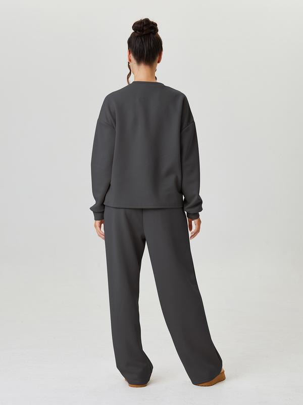 Women's Casual Solid Color Loose Long Sleeve Top & Exposed Stitches Trousers Co-ord