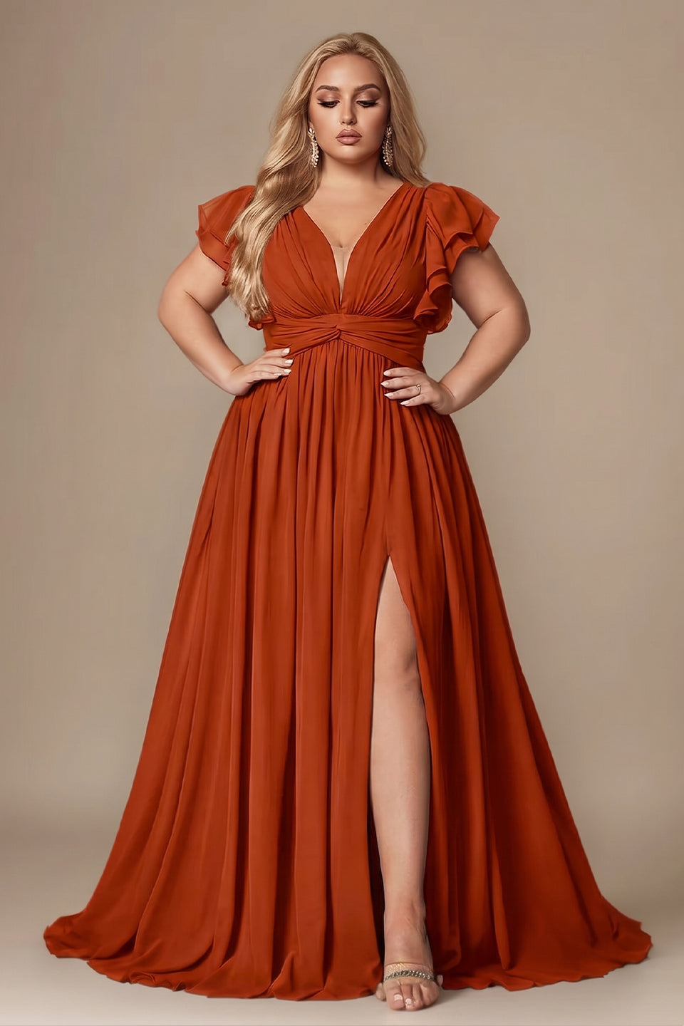 Curveins Plus Size V-Neck Ruffle Sleeve Split A-Line Maxi Dress