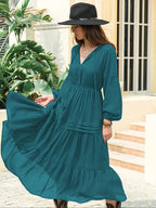 Women's Lantern Sleeve A-Line Maxi Dress, Spring & Summer Casual Long Dress, Plain Woven Fabric, Perfect for Outdoor Holidays