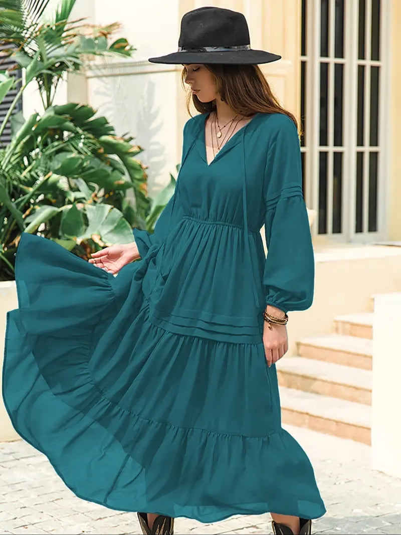 Women's Lantern Sleeve A-Line Maxi Dress, Spring & Summer Casual Long Dress, Plain Woven Fabric, Perfect for Outdoor Holidays