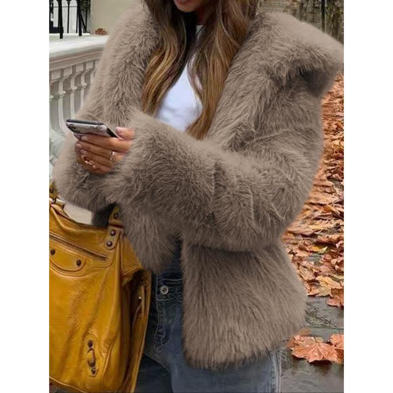 Women's Casual Faux Fur Hooded Jacket Short Style Fall & Winter Wear Moderate Fabric Thickness Fitted Design Coffee Brown Basic Outerwear Coats