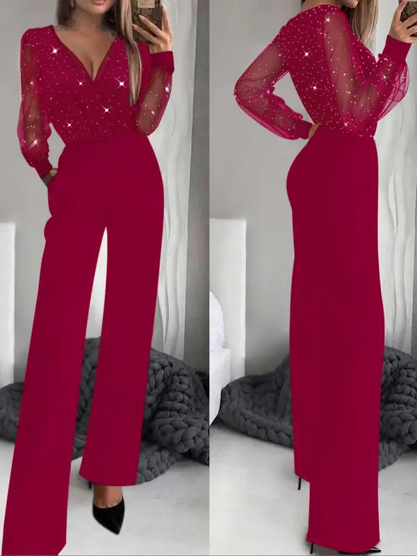 Women's fashionable and sexy black mesh sequin patchwork deep V-neck long-sleeved one-piece slimming wide-leg trousers, suitable for spring and autumn