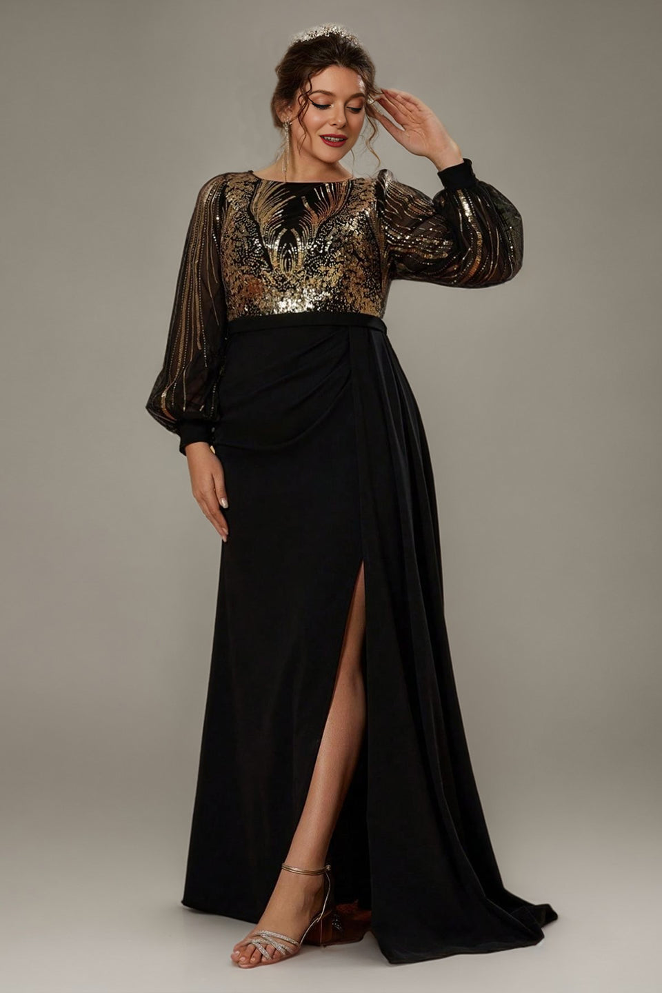 Curveins Plus Size Sequin-Panel Long Sleeve Waist-Defined Maxi Dress