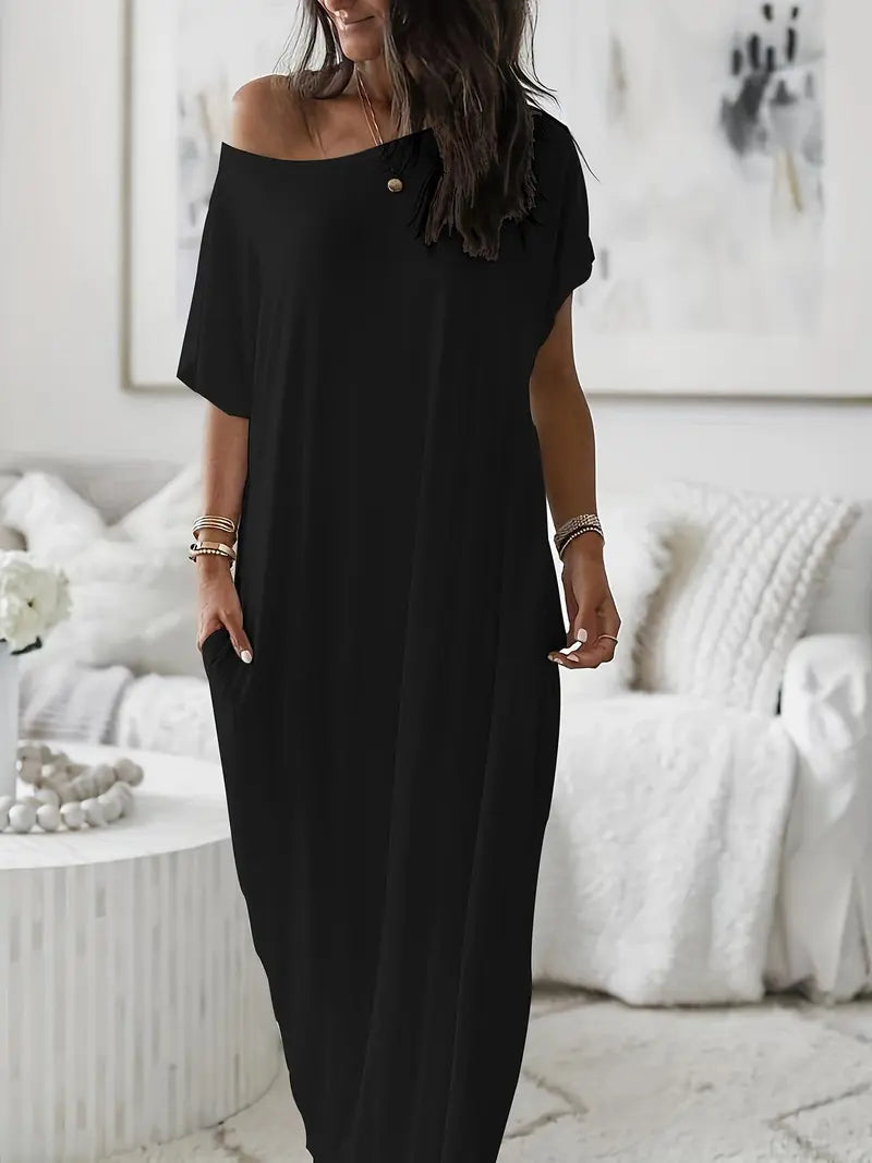 Women's Solid Color Batwing Sleeve Lounge Dress, Casual Comfy Short Sleeve Nightdress for Daily Wear, Ladies Sleepwear for All Seasons