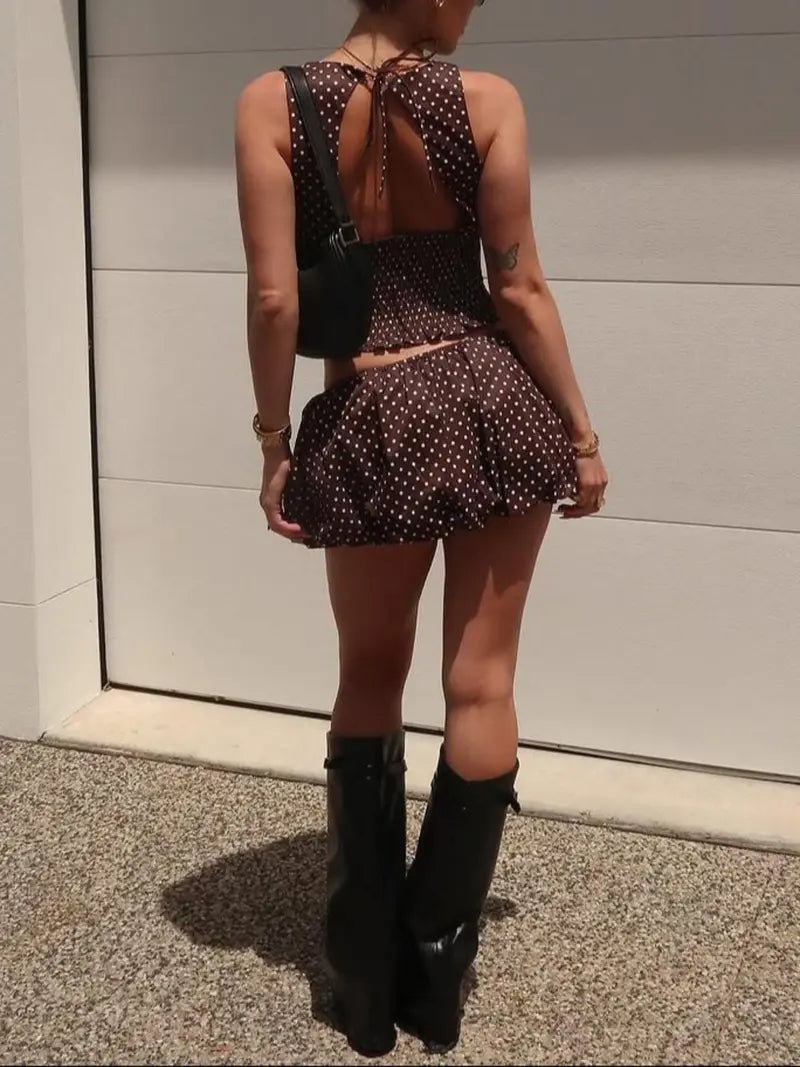 Women's Polka Dot Print Crop Tank Top & Skirt Two-piece Set