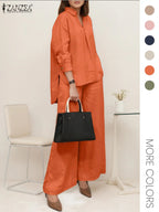 Two-piece Set Women's Solid Color Top & Wide Leg Pants, Casual Long Sleeve Top & Pants for Daily Wear, Ladies Clothes for All Seasons