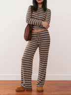 Women's Casual Colorblock Striped Long Sleeve Top & Loose-Fit Pants Set, Perfect for Holidays, Commuting, Daily Wear