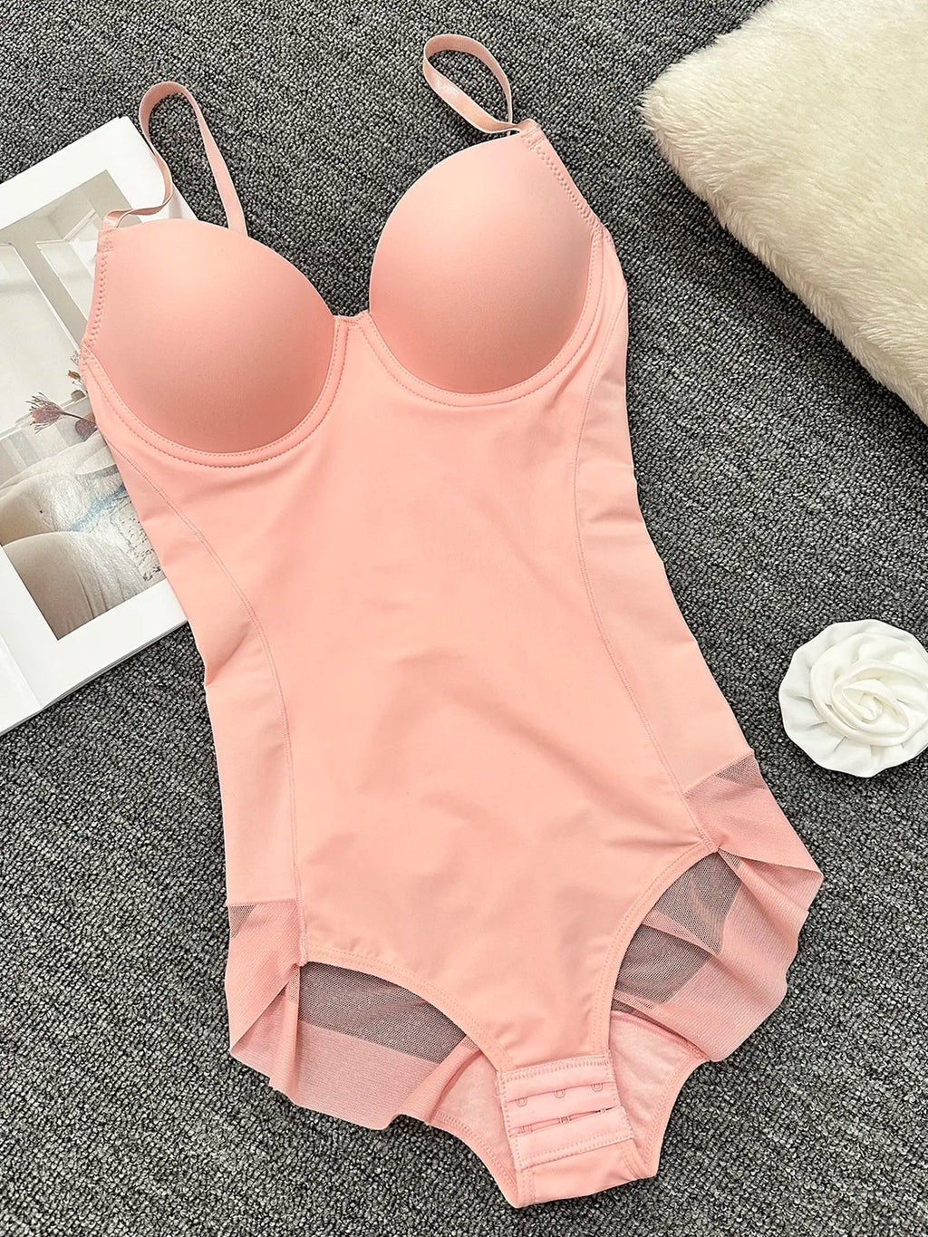 Women's Solid Color Contrast Mesh Sheer Cami Shapewear Bodysuit, Adjustable Strap Tummy Control Shapewear for All Seasons