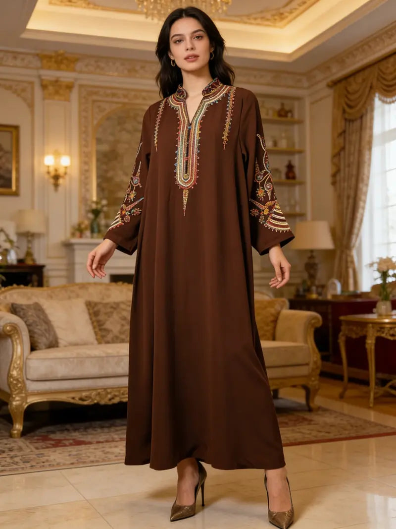 Elegant Muslim Women's Long Robe with Colorful Embroidery, Perfect for All Seasons, Stylish and Comfortable Clothing