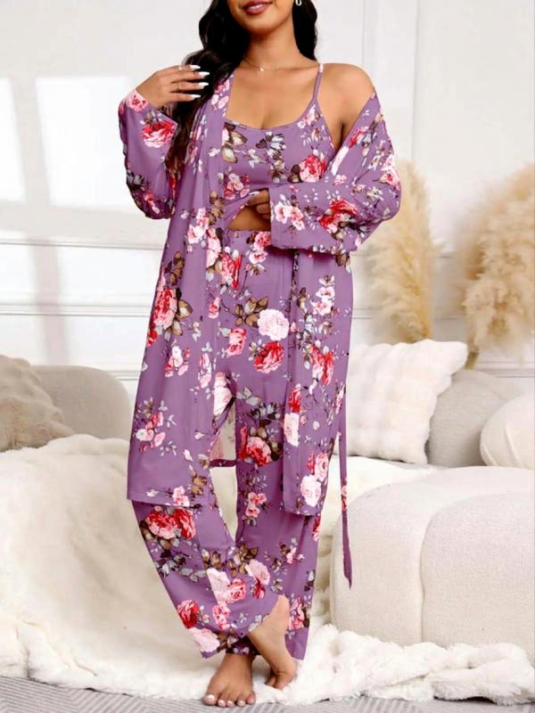 [Plus Size] Three-Piece Set Floral Print Belted Lounge Robe & Cami Top & Elastic Waist Pants Pyjama Set