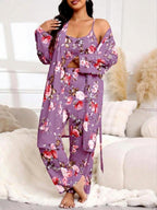 [Plus Size] Three-Piece Set Floral Print Belted Lounge Robe & Cami Top & Elastic Waist Pants Pyjama Set
