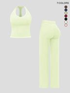 Women's yoga set with double straps, luxury activewear for running and exercise, colorblock fleece fabric.