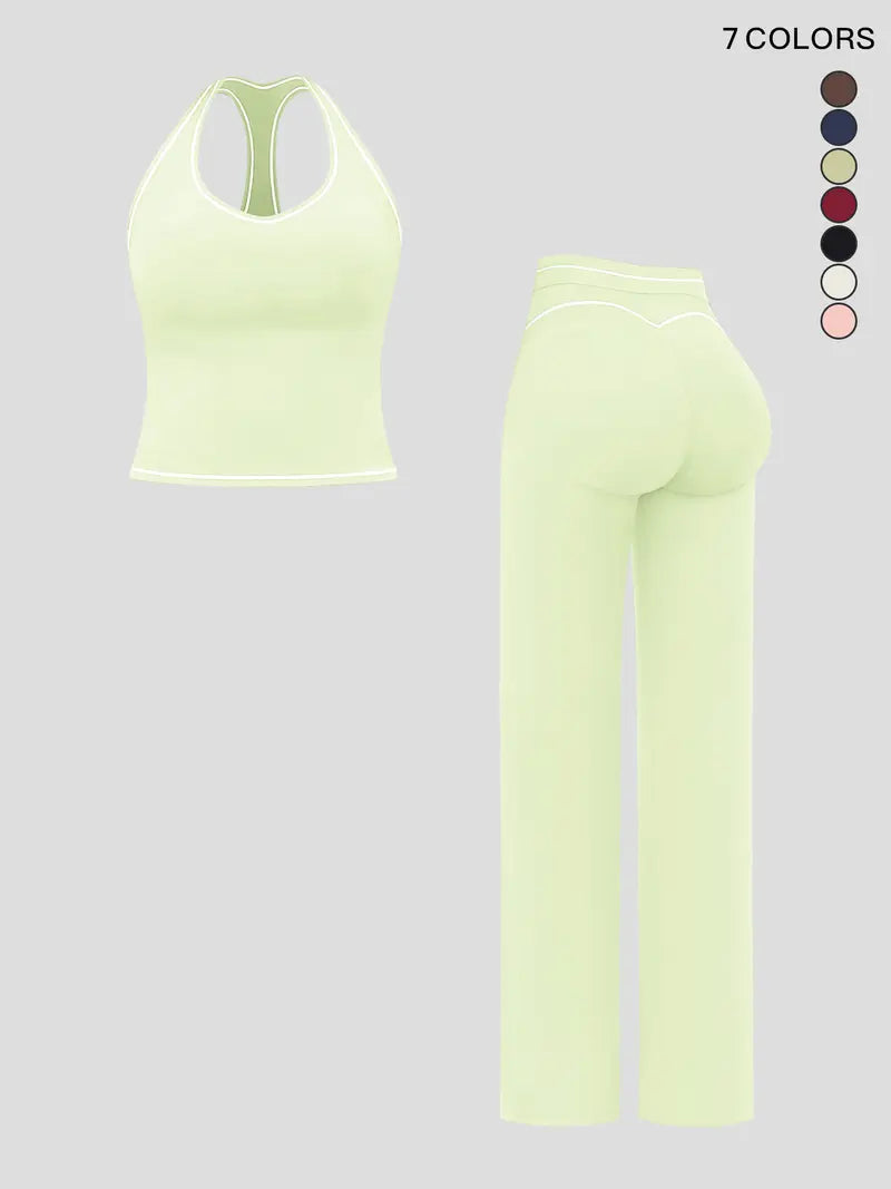 Women's yoga set with double straps, luxury activewear for running and exercise, colorblock fleece fabric.