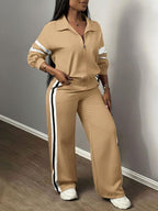 Women's Zipper Jacket & Striped Wide-Leg Pants Set, Streetwear & Casual, Two-Piece Suit for Daily Wear