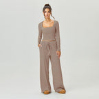 Women's Slouchy Square Neck Stripe Long Sleeve Crop Top & Low-Rise Wide Leg Trousers Co-ord, Minimalist Two Piece Outfits, Cozy Womenswear
