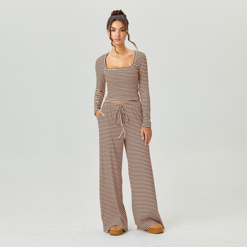 Women's Slouchy Square Neck Stripe Long Sleeve Crop Top & Low-Rise Wide Leg Trousers Co-ord, Minimalist Two Piece Outfits, Cozy Womenswear