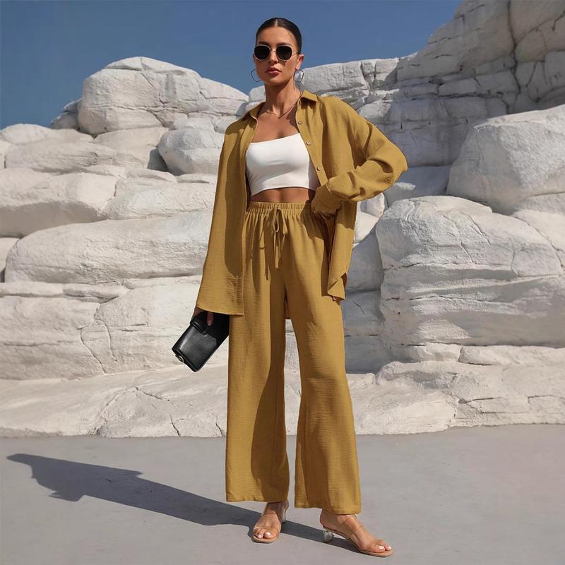Women's Solid Button Front Shirt & Tie Front Wide Leg Pants Two-piece Set, Casual Drop Shoulder Long Sleeve Blouse Top & Trousers 2 Piece Set for Spring & Fall, Women's Clothes for Daily Wear Womenswear Suits Apricot Basic Minimalist