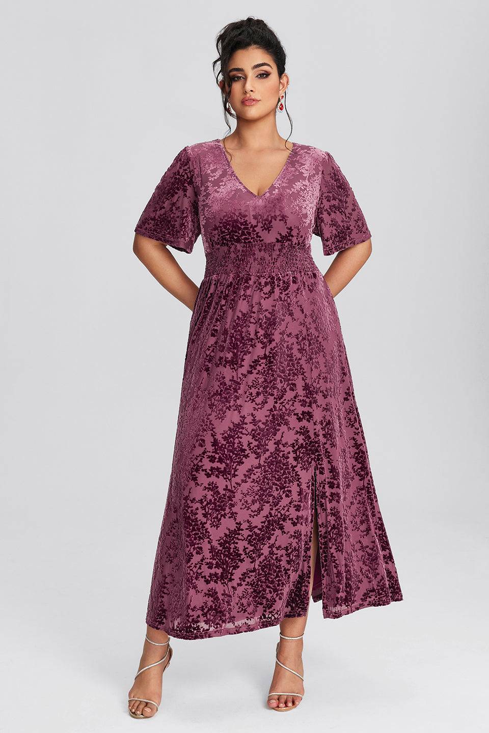 Curveins Plus Size Mauve Velvet Floral Maxi Dress