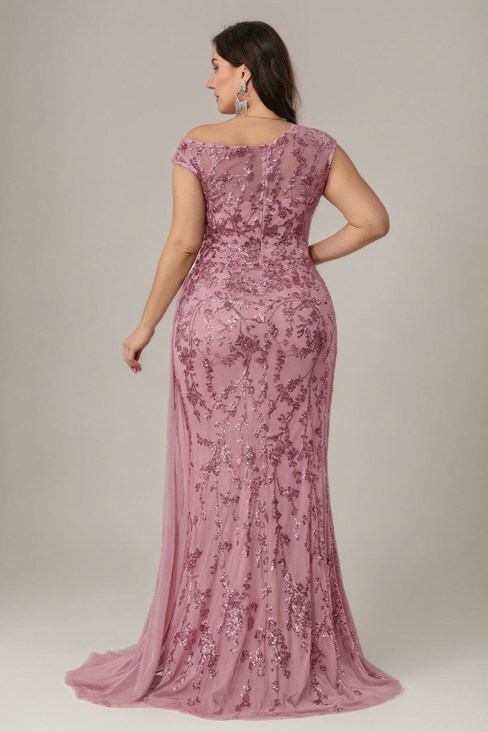 Curveins Plus Size One Shoulder Sleeveless Embroidered Sequin Patchwork Bodycon Maxi Dress