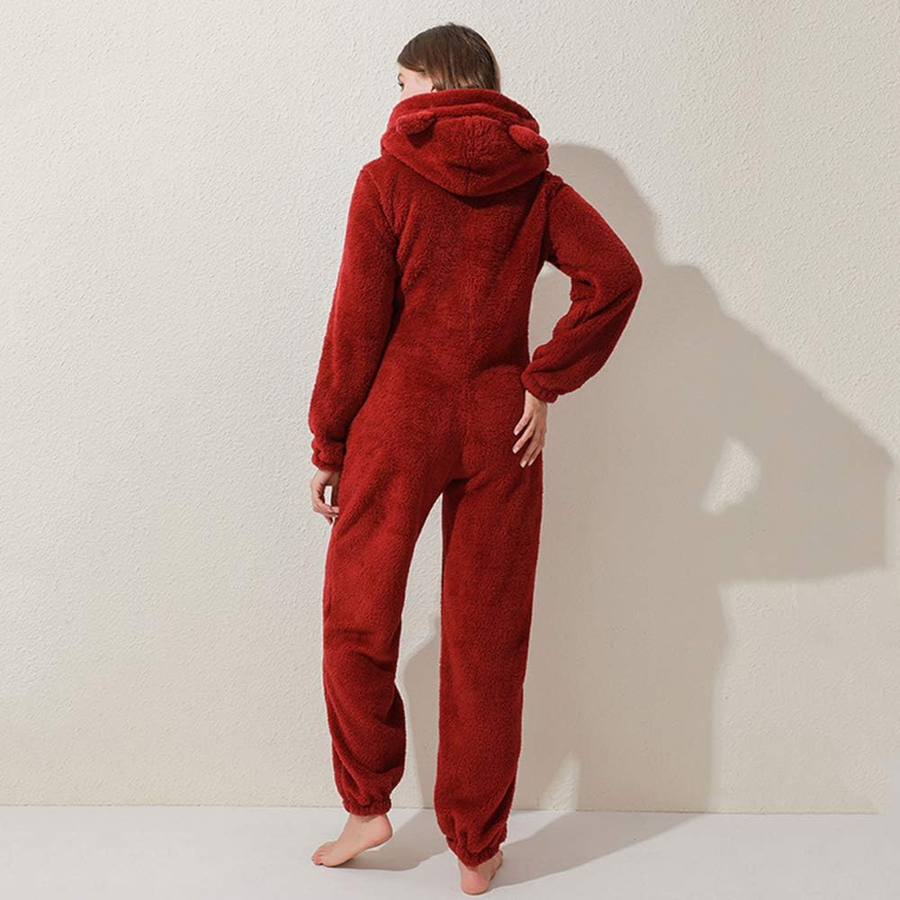 Womens Fleece Onesies Pajamas Jumpsuit Warm Sherpa Romper Sleepwear One Piece Zipper Hooded Playsuit Loungewear