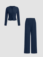 Women's Fall Winter Casual Slim-Fit Long Sleeve Round Neck Top & Pants Set, Plain Pattern Moderate Fabric, Two-Piece