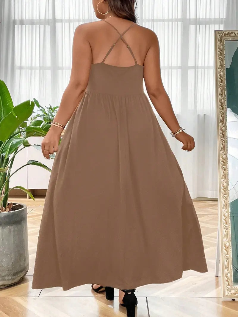 Plus Size Criss Cross Backless Cami Dress, Casual Solid Sleeveless Spaghetti Strap A-Line Dress for Summer, Women's Clothes for Party Holiday