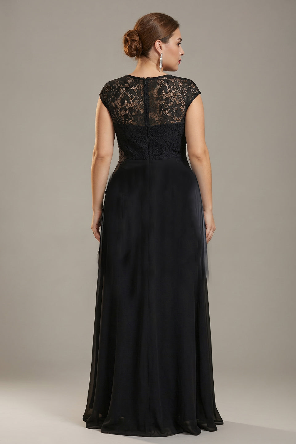 Curveins Plus Size Round Neck Chiffon Cross Ruffle A-Line Sheer Elegant Maxi Dress