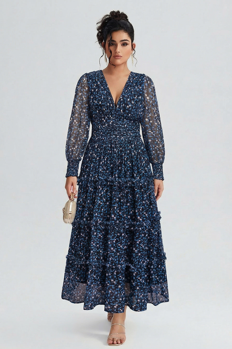 Curveins Plus Size V Neck Long Sleeve Floral Tiered Maxi Dress