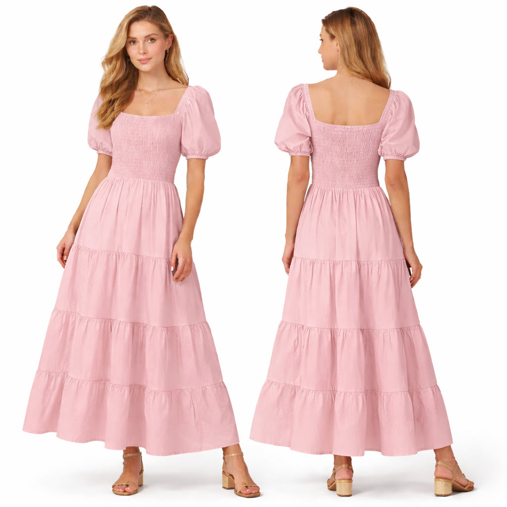 Robe longue femme smockée manches bouffantes coupe fluide à volants style élégant été