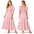 Robe longue femme smockée manches bouffantes coupe fluide à volants style élégant été