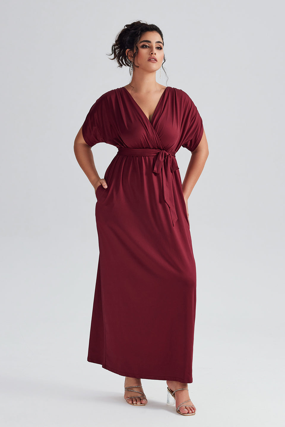 Curveins Plus Size Elastic Waist Shirred Black Maxi Dress