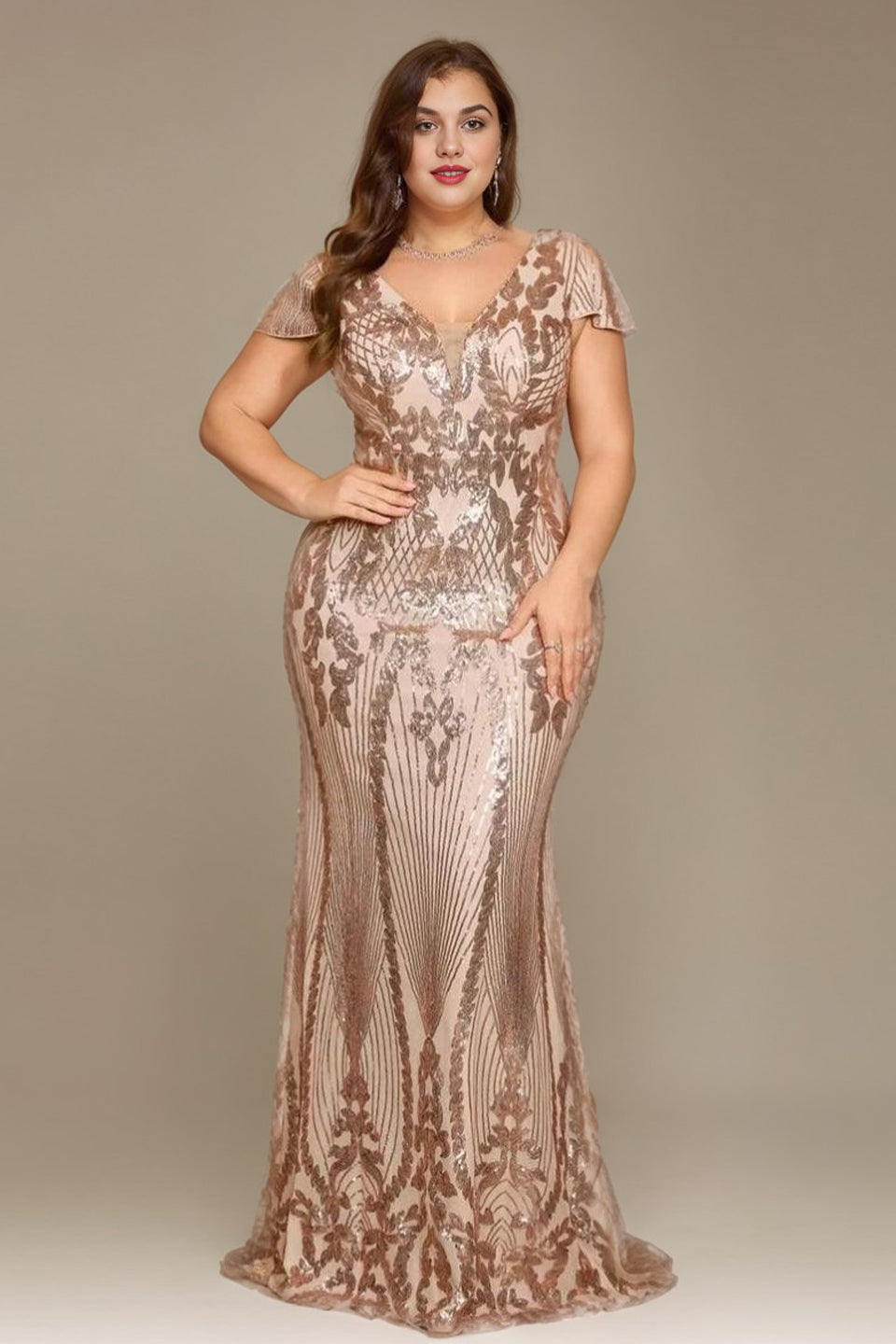 Curveins Plus Size V Neck Short Sleeve Bodycon Sequin Party Maxi Dress