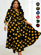Plus-size polka-dot shirt dress with belt and front buttons