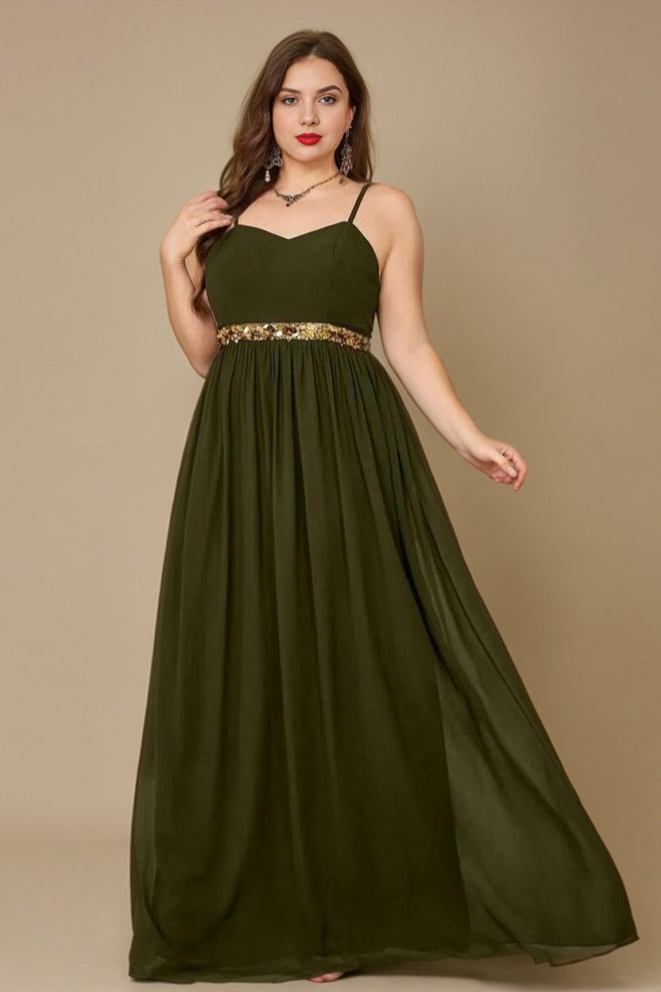 Curveins Plus Size V Neck Ruched Waist Maxi Dress with Cape Sleeve