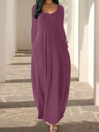 Women's Long Nightgown, Coffee Leopard Print, Casual Round Neck Long Sleeve Pocket Sleepwear, Soft Comfortable All-Season Loungewear