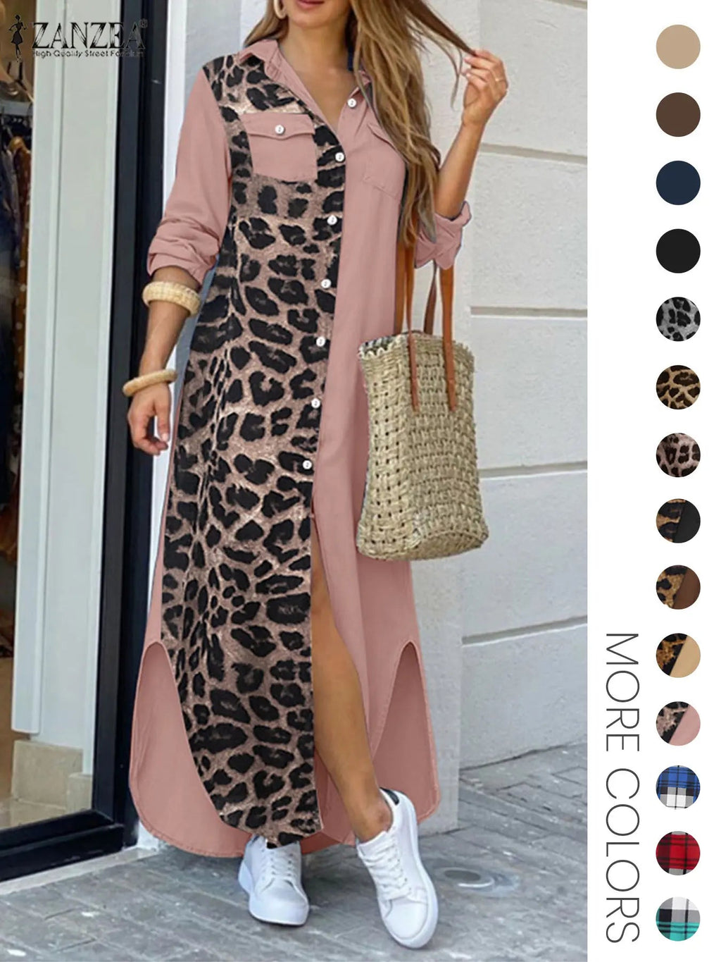 Women's Leopard Print Button Front Flap Pocket Shirt Fabric Dress, Casual Curved Hem Long Sleeve Collared Long Dress for Daily Wear, Ladies' Clothes for All Seasons, Womenswear