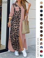 Women's Leopard Print Button Front Flap Pocket Shirt Fabric Dress, Casual Curved Hem Long Sleeve Collared Long Dress for Daily Wear, Ladies' Clothes for All Seasons, Womenswear
