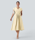 Casual midi dress, V-neck, short sleeves, side pockets, tie-back detail, quick-drying