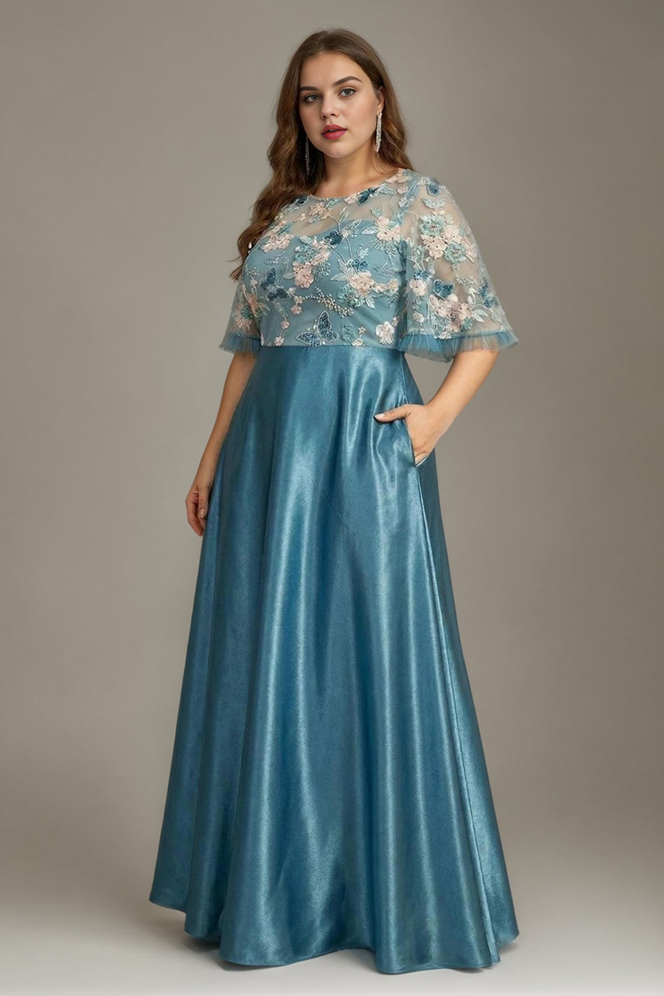 Curveins Plus Size Round Neck Batwing Sleeve Ruffle Patchwork Elegant Maxi Dress