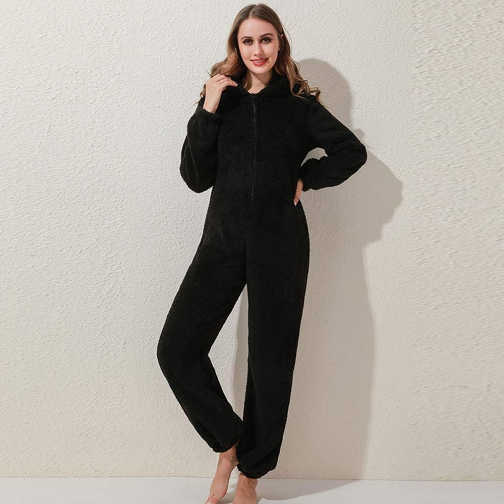 Womens Fleece Onesies Pajamas Jumpsuit Warm Sherpa Romper Sleepwear One Piece Zipper Hooded Playsuit Loungewear